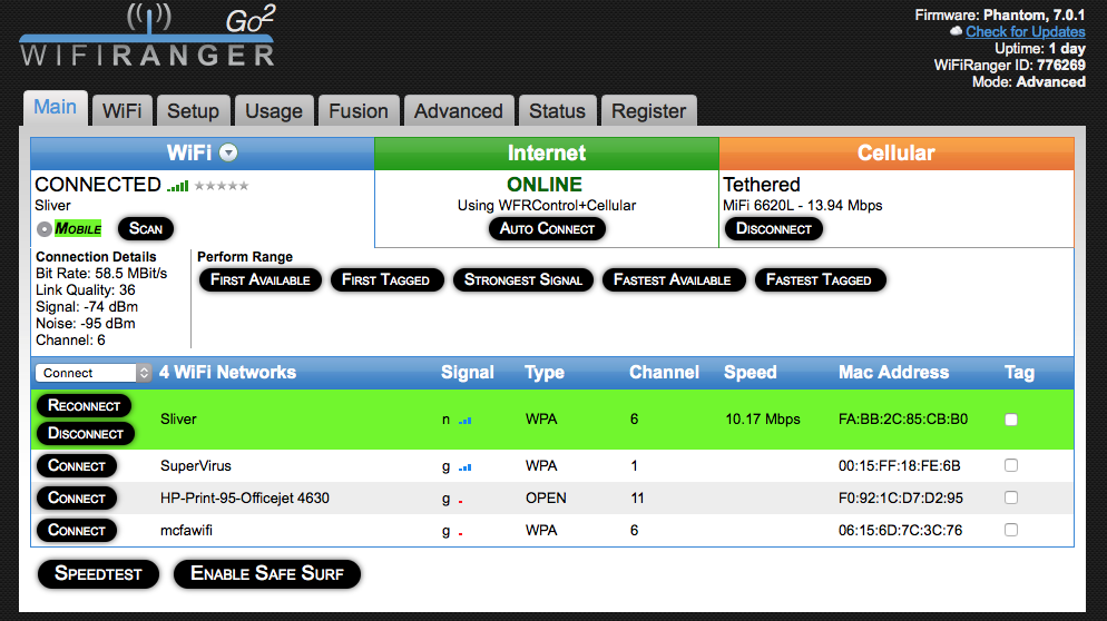 Our WiFiRanger is connected simultaneously via a tethered Verizon cell phone, and an AT&T WiFi hotspot - with our usage load balanced across both connections. Cool!