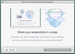 And when I took a screenshot of the photo popup, Dropbox popped up another window asking for permission to sync every screenshot I take. Persistent buggers!