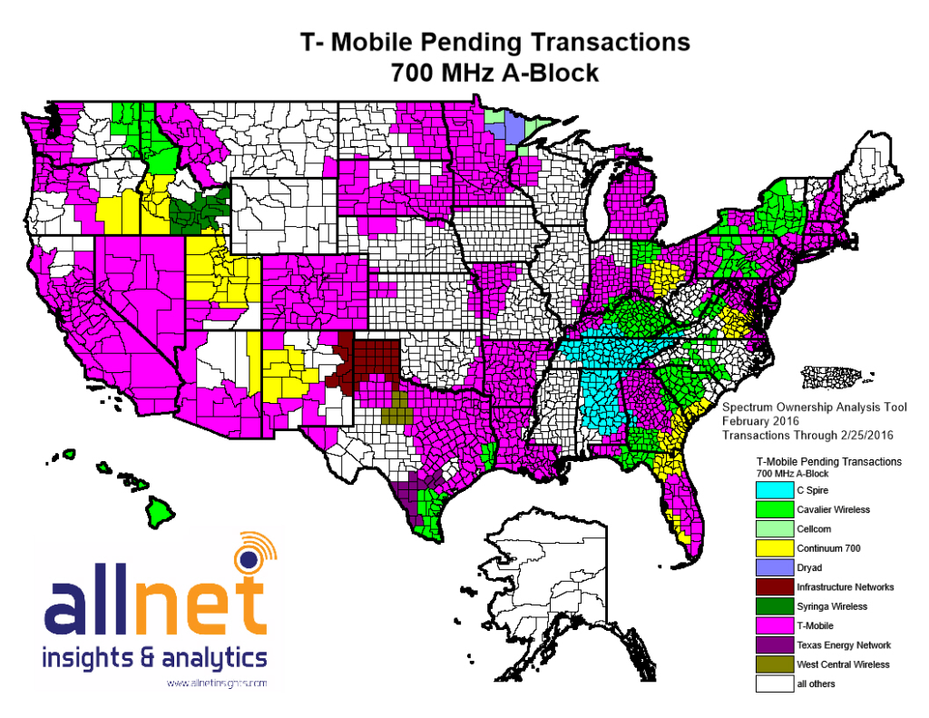 The magenta shows T-Mobile's current "Extended Range LTE" holdings, and the rainbow of colors show the licenses currently being acquired.