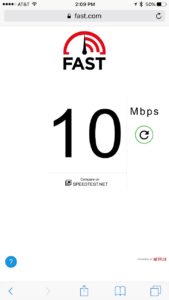 Speedtest result on Fast.com - important tool for RV video streaming.