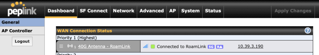 roamlink connection on peplink dashboard