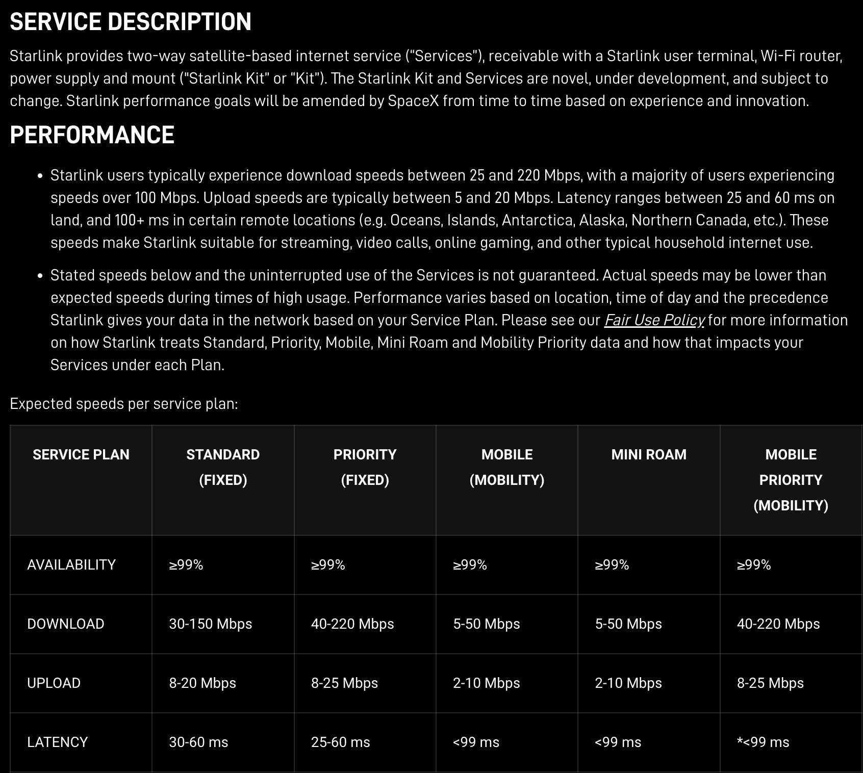 starlink service specifications aug 2024