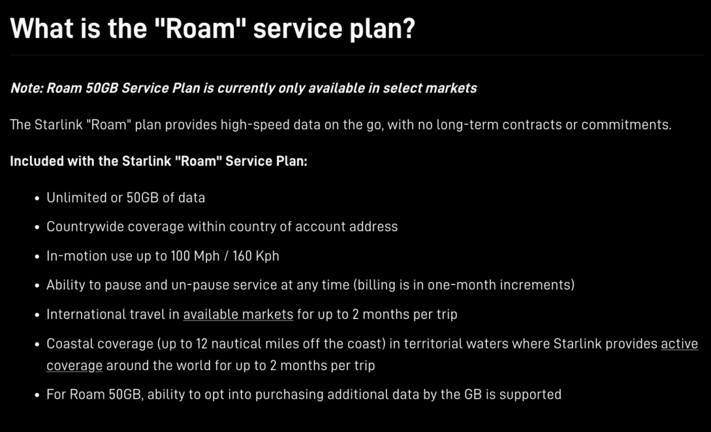 starlink what is the roam service