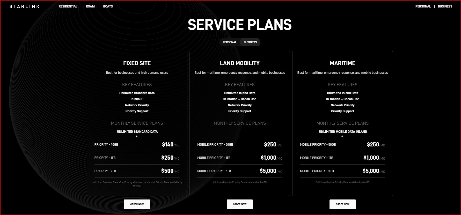 Starlink business service plans for fixed site, land mobilty and maritime.